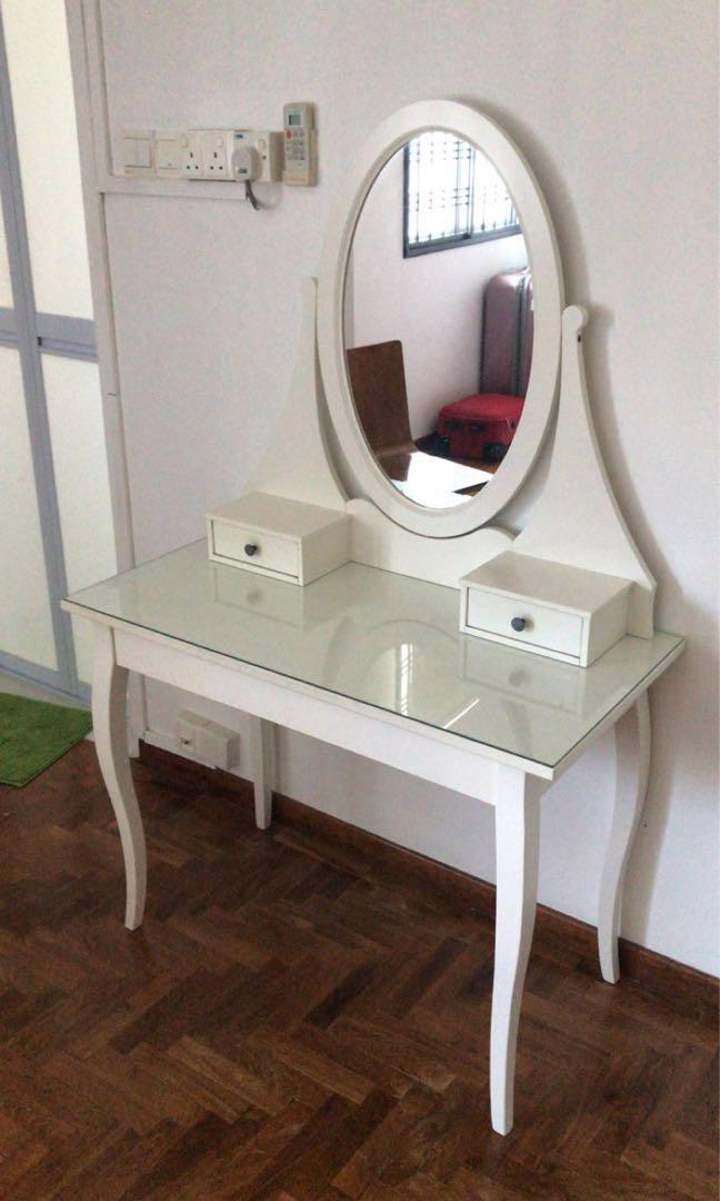 Solid Ikea Dressing Table (Category: Tables & Sets) located in Singapore. Submitted by pdeasto (Listing ID 234027373, Image 3). Description: Solid wooden Ikea Hemnes dressing table Reduced to $100 for quick sale - must go by Friday 21/6 Details shown on Ikea.com.sg selling new for $499 https://www.ikea.com/sg/en/p/hemnes-dressing-table-with-mirror-white-10355670/ Dressing Table only Buyer to collect .