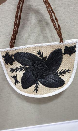 Half moon embroidered straw bag