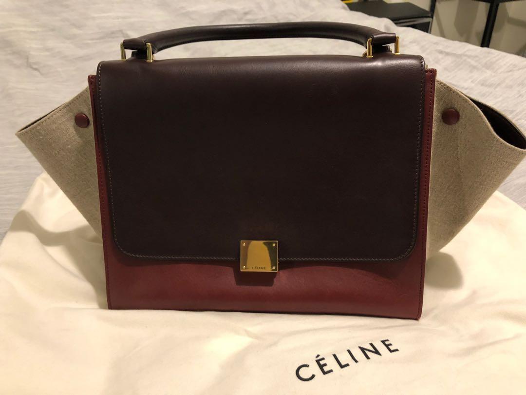 C LINE TRAPEZE TRI COLOUR BAG IN BURGUNDY RED PURPLE LEATHER WITH BEIGE CANVAS