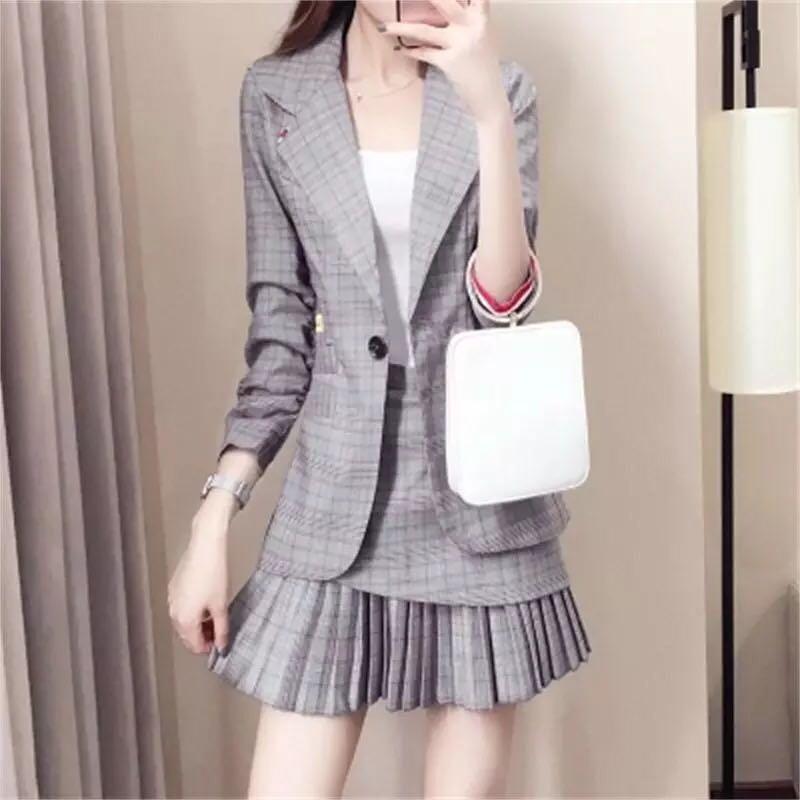 New 2019 Office Lady Style Casual Plaid Skort Suit Women Uniform