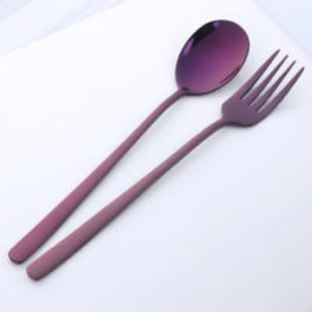 1 Pair Premium Quality Korean Stainless Steel Spoon Fork Purple