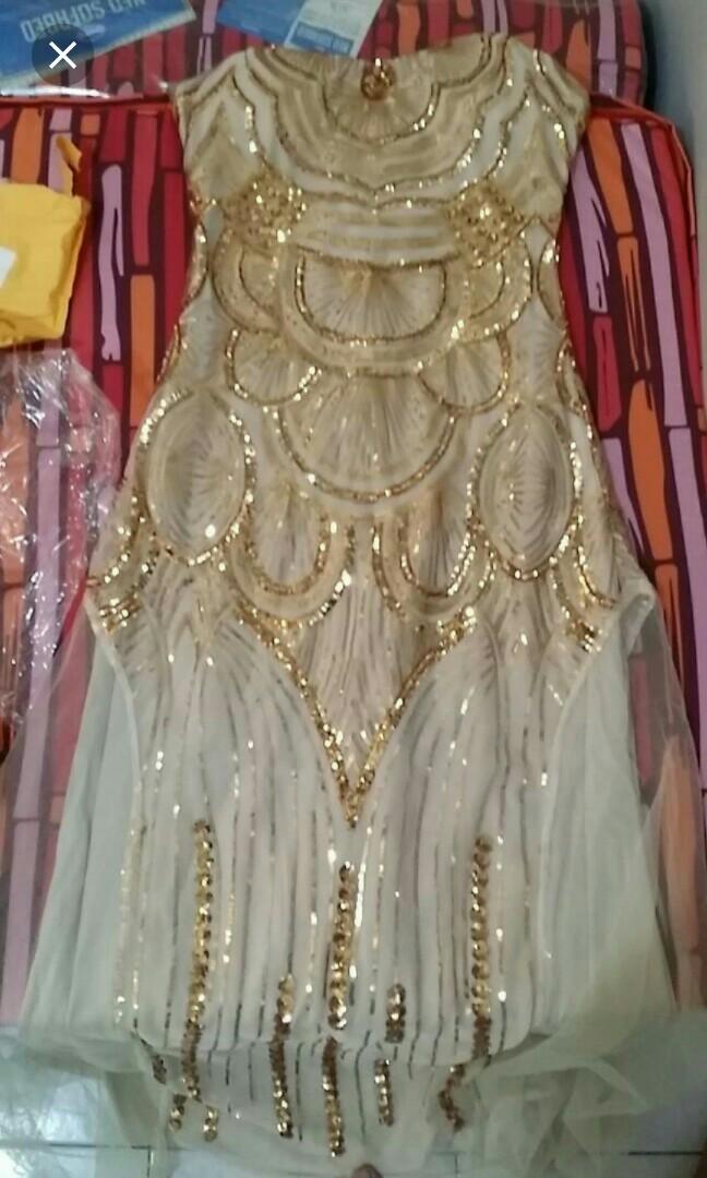 Gold Sequined Long Gown Great Gatsby Theme, Women's Fashion, Dresses