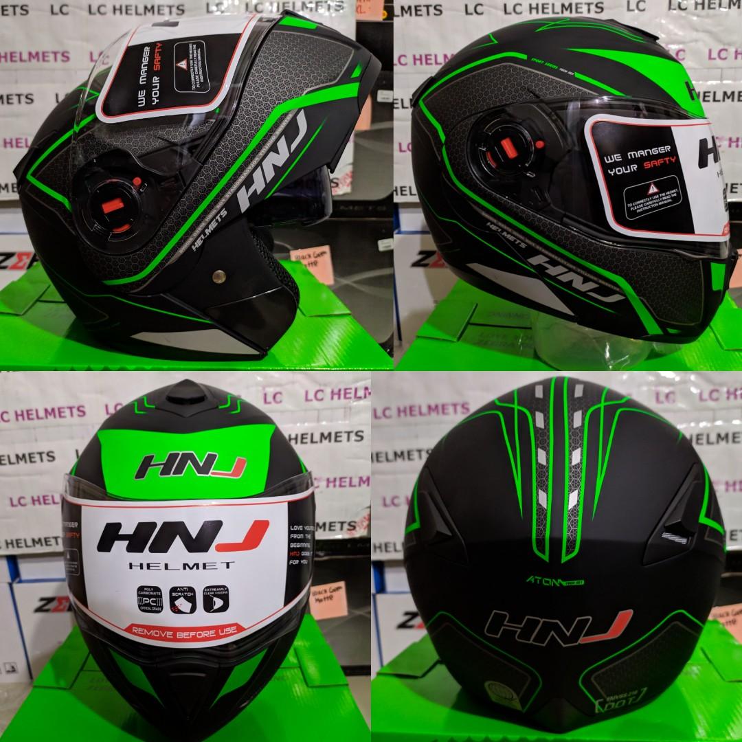 HNJ MODULAR HELMET MATTE BLACK GREEN Motorbikes on Carousell