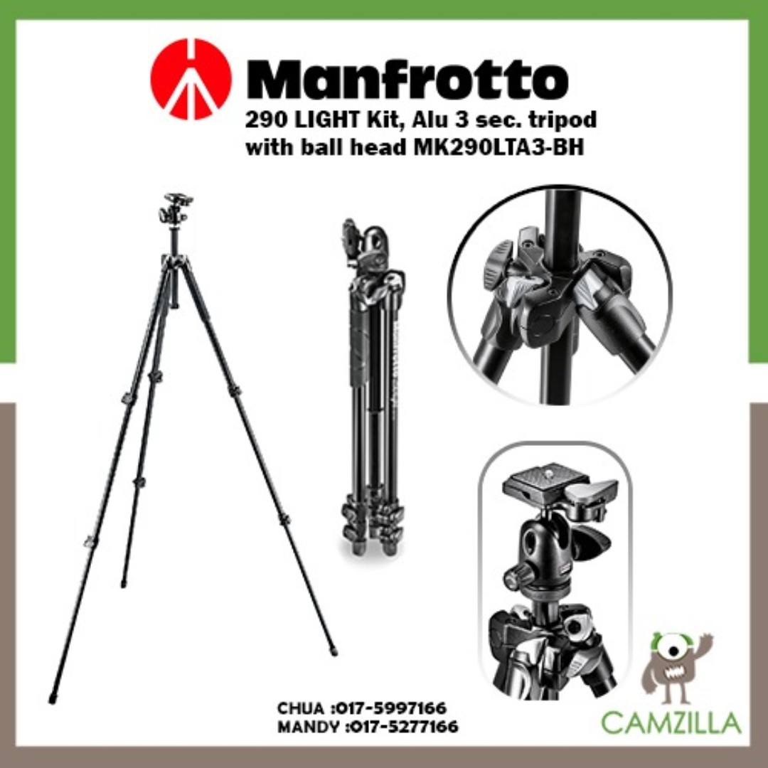 Manfrotto 290 LIGHT Kit, Alu 3 sec. tripod with ball head MK290LTA3BH