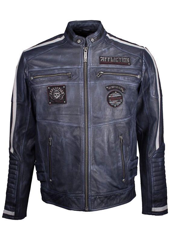 (Reduced Price) Affliction Brand Men's American Rebel Leather Moto Jacket (Category: Motorcycle Apparel) located in Singapore. Submitted by acsm.personal.trainer (Listing ID 235236010, Image 1). Description: AFFLICTION LEATHER JACKET PERFORATED DETAIL AT SLEEVES FRONT PANELS AND COLLAR CUSTOM PRINT INSIDE BACK LINING INDIGO BLUE WASH 100% Real Leather Size S Original price was $700 .