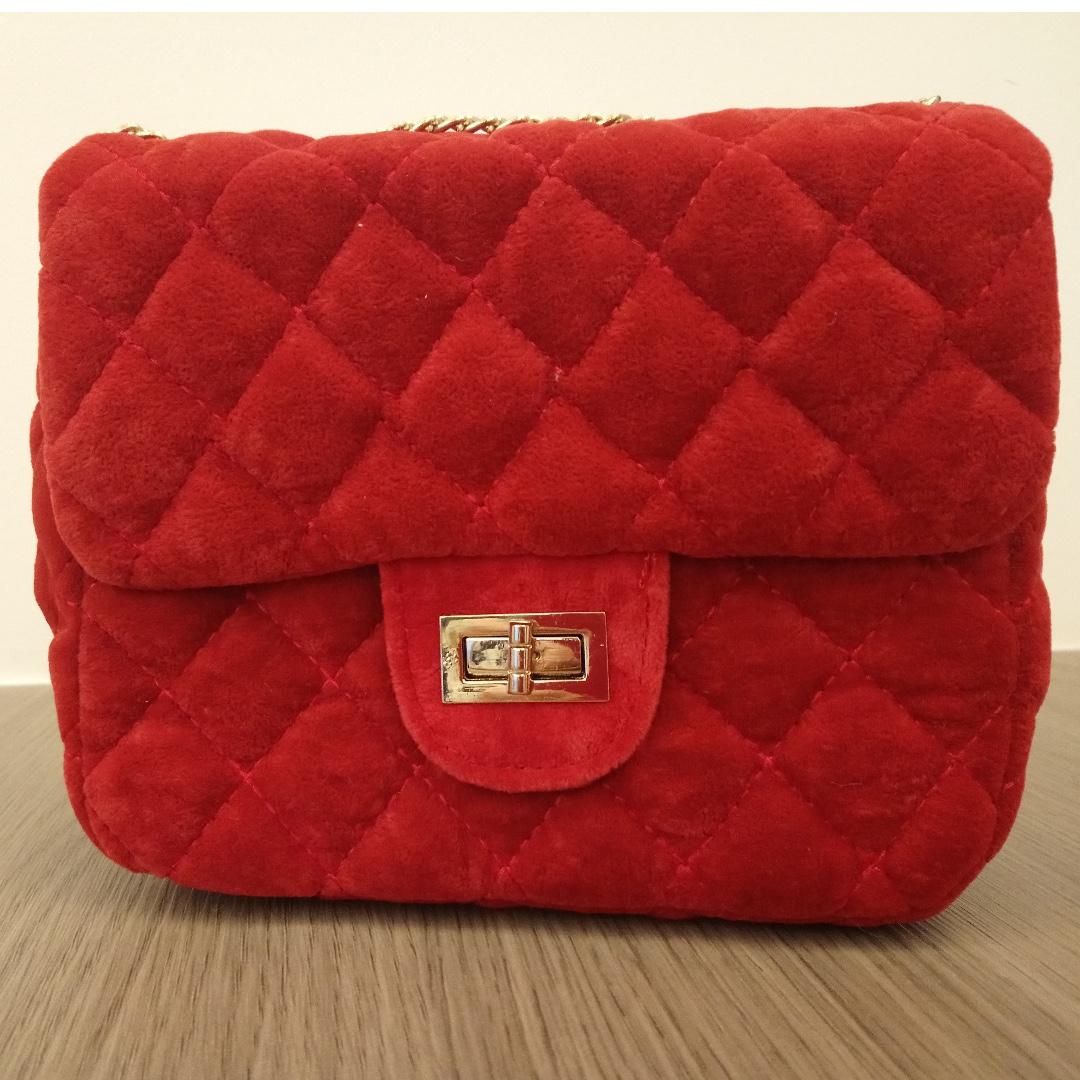 Red velvet sling bag cum clutch Women s Fashion Bags Wallets