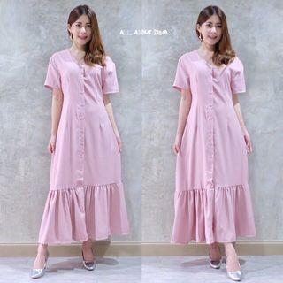 AAI Korean Ruffle Bottom Sleeved Maxi Dress in Pink