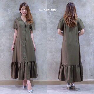 AAI Korean Ruffle Bottom Sleeved Maxi Dress in Oliver Green