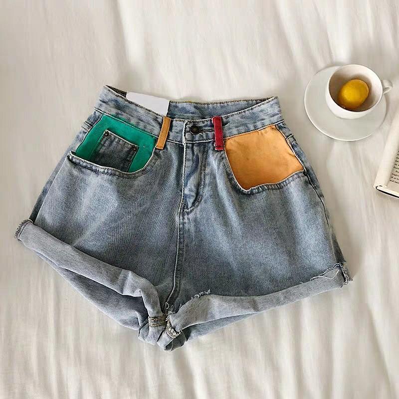 Block Blue High Waist Denim Shorts 