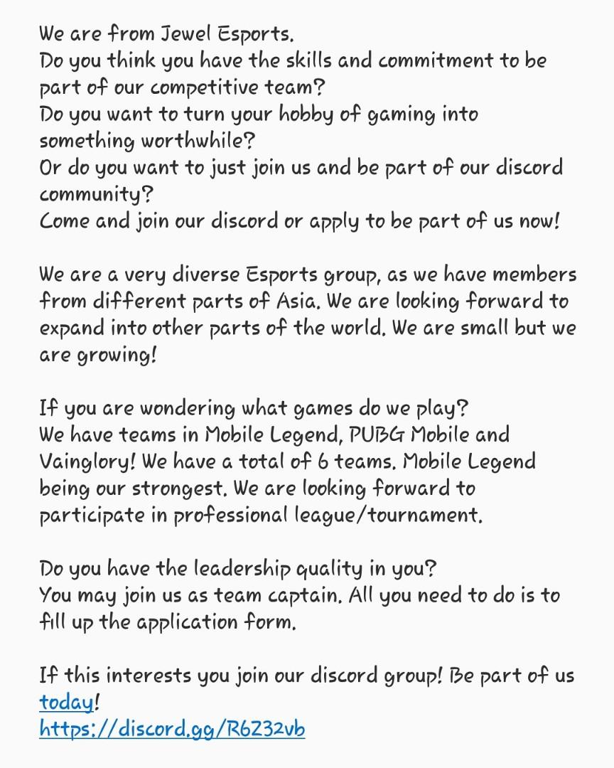 Jewel Esports Clan Recruitment Video Gaming Video Games Xbox On Carousell - legendary football league roblox discord