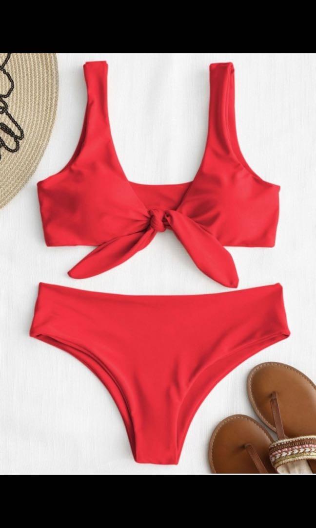 red tie front swimsuit