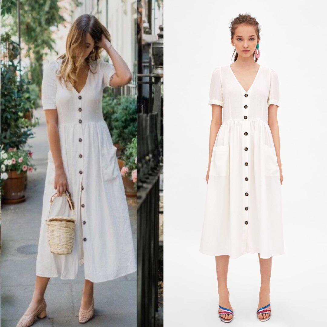 zara white midi dress with buttons