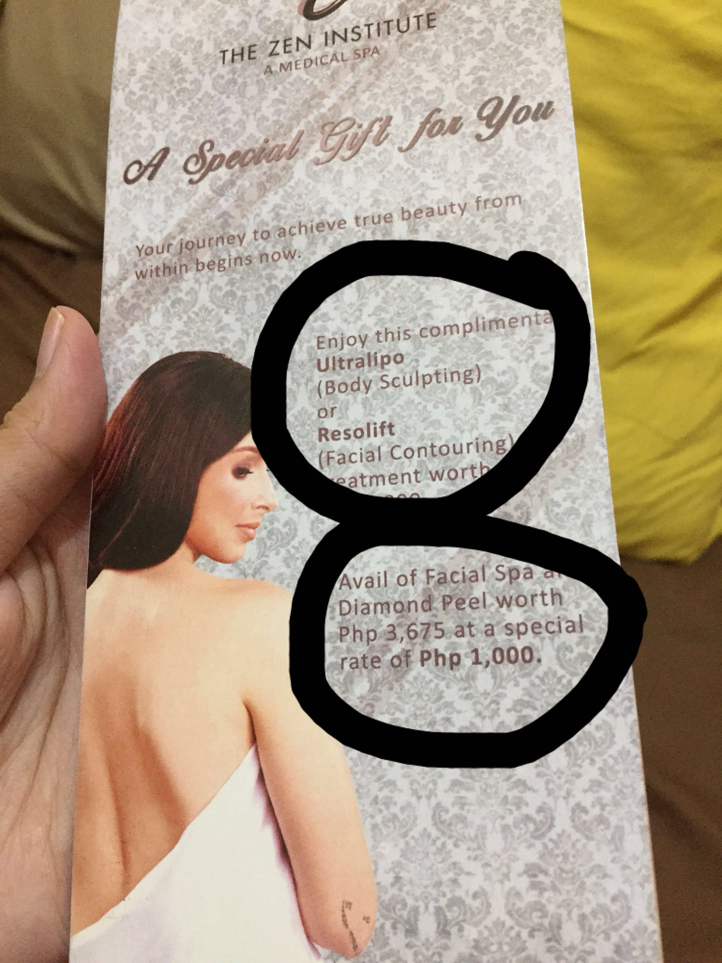 GIFT CERT 30,700 THE ZEN INSTITUTE (Category: Rehabilitative Devices) located in Taguig. Submitted by bargainbuddies2021 (Listing ID 223575498, Image 2). Description: PERFECT GIFT NO EXPIRATION :) ULTRA LIPO (BODY SCULPTING) RESOLIFT (FACIAL COUNTOURING) WORTH 5,000 FACIAL SPA [2,675 OFF] EACH GIFT CHECK OR DIAMOND PEEL 4 GC for only 15,000 Worth 30,700 Screenshot of coversation with official The Zen insitute for inquiries included in the photos 