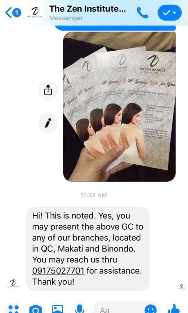 GIFT CERT 30,700 THE ZEN INSTITUTE (Category: Rehabilitative Devices) located in Taguig. Submitted by bargainbuddies2021 (Listing ID 223575498, Image 3). Description: PERFECT GIFT NO EXPIRATION :) ULTRA LIPO (BODY SCULPTING) RESOLIFT (FACIAL COUNTOURING) WORTH 5,000 FACIAL SPA [2,675 OFF] EACH GIFT CHECK OR DIAMOND PEEL 4 GC for only 15,000 Worth 30,700 Screenshot of coversation with official The Zen insitute for inquiries included in the photos 
