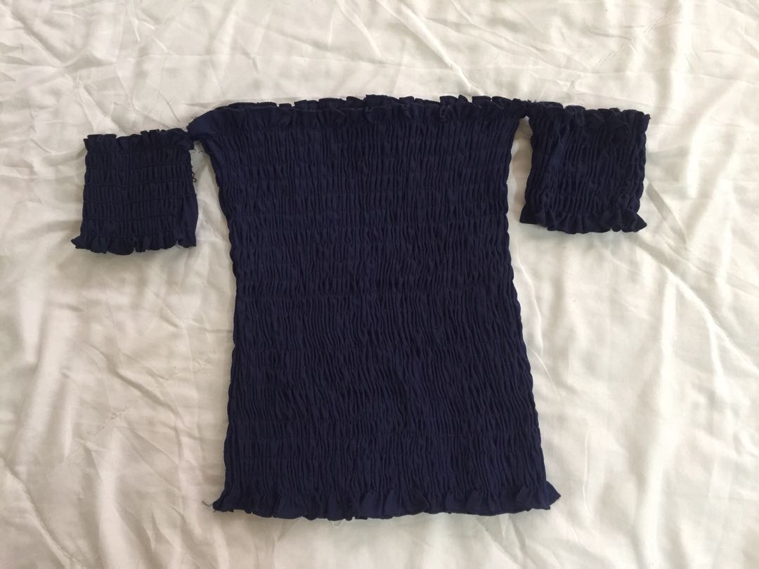 Navy blue off shoulder, Women's Fashion, Tops, Sleeveless on Carousell