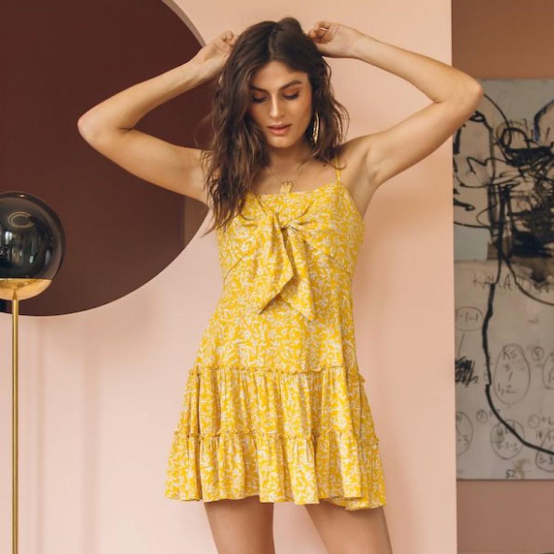 and yellow floral tie up dress