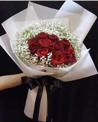 Artificial Red Roses with Babybreath Bouquet