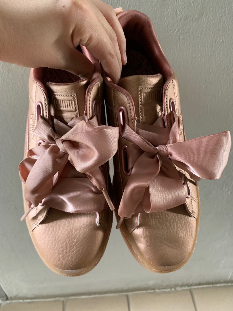 Authentic metallic pink puma basket heart sneakers with pink bow
