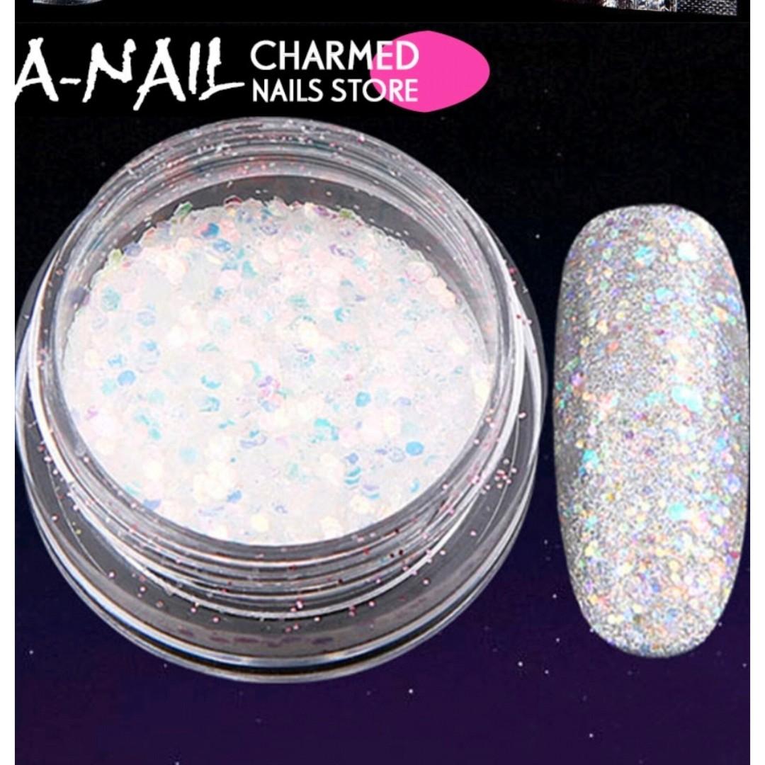 Shiny Nail Art Glitters Sequins Iridescent White Nail Tip Dust