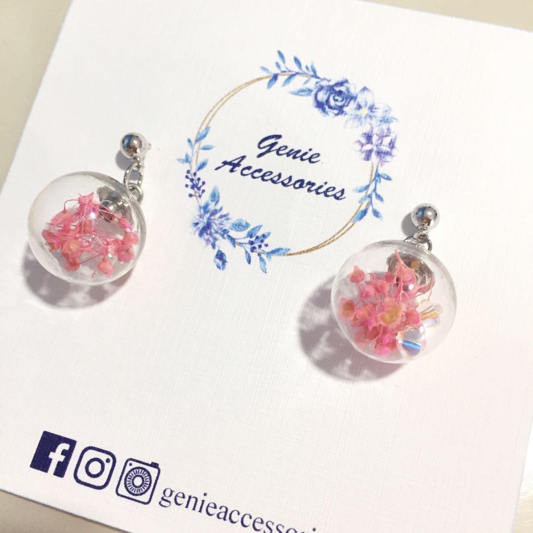 Pink baby s breath glass globe earrings Women s Fashion Jewelry