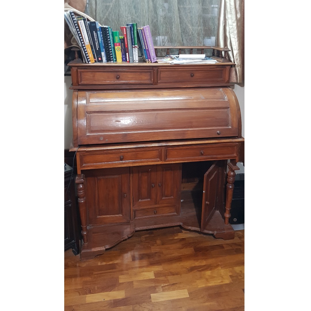 Vintage Solid Teak Study Table W Rolltop, Furniture & Home Living ...