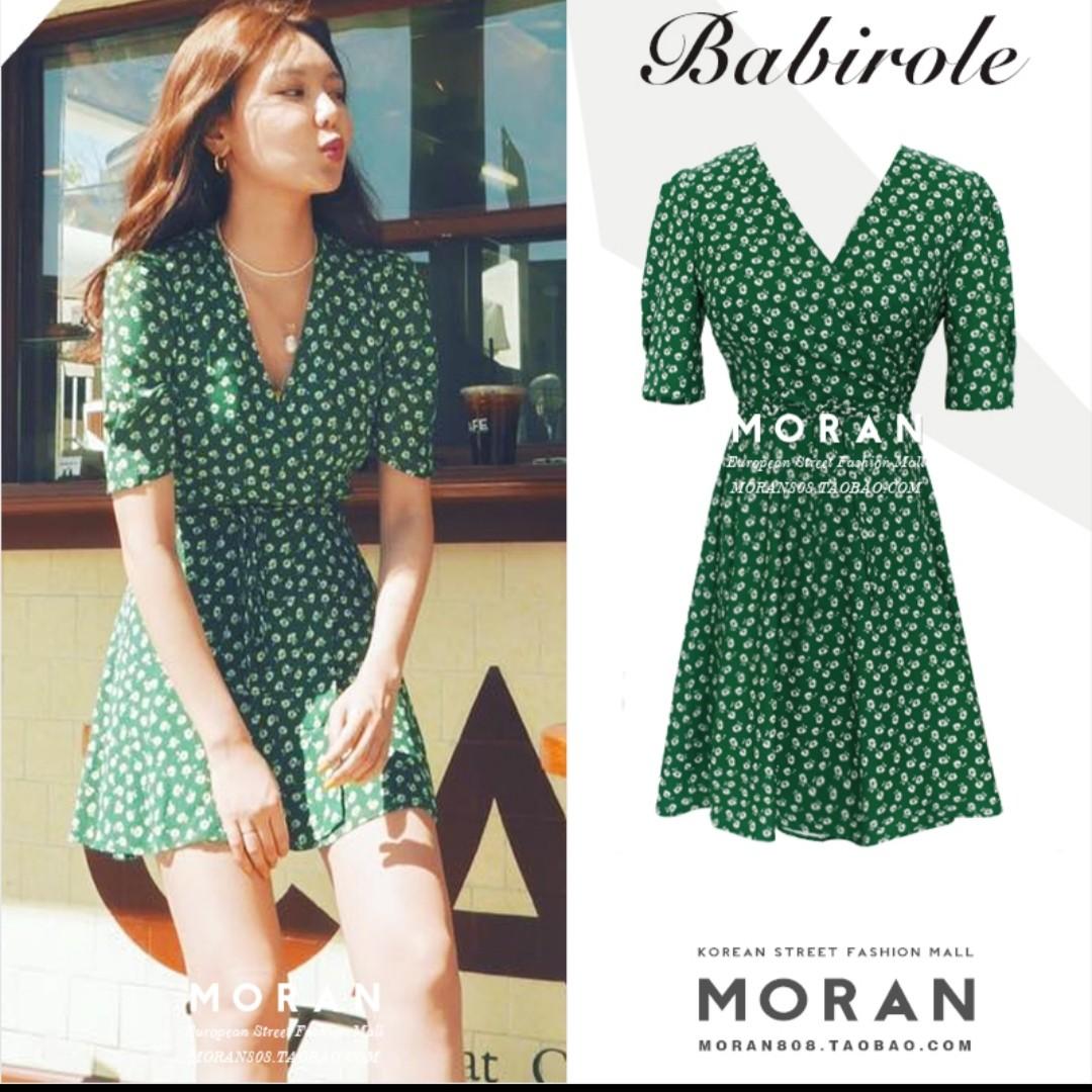 green and white floral dress