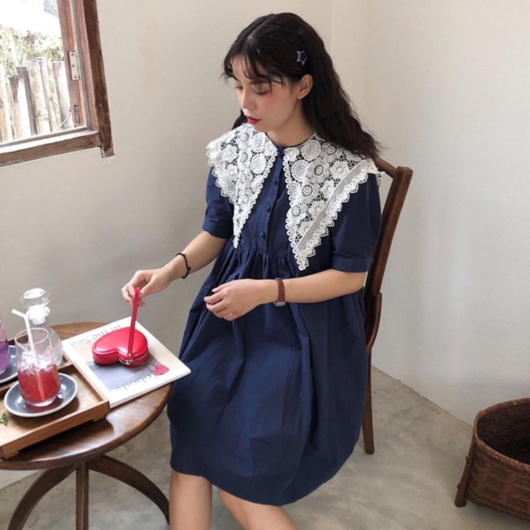 Korean Lace Floral Doll Collar Bubble Sleeve Pleated Dress Korea Style Brand New Women Fashion 2019