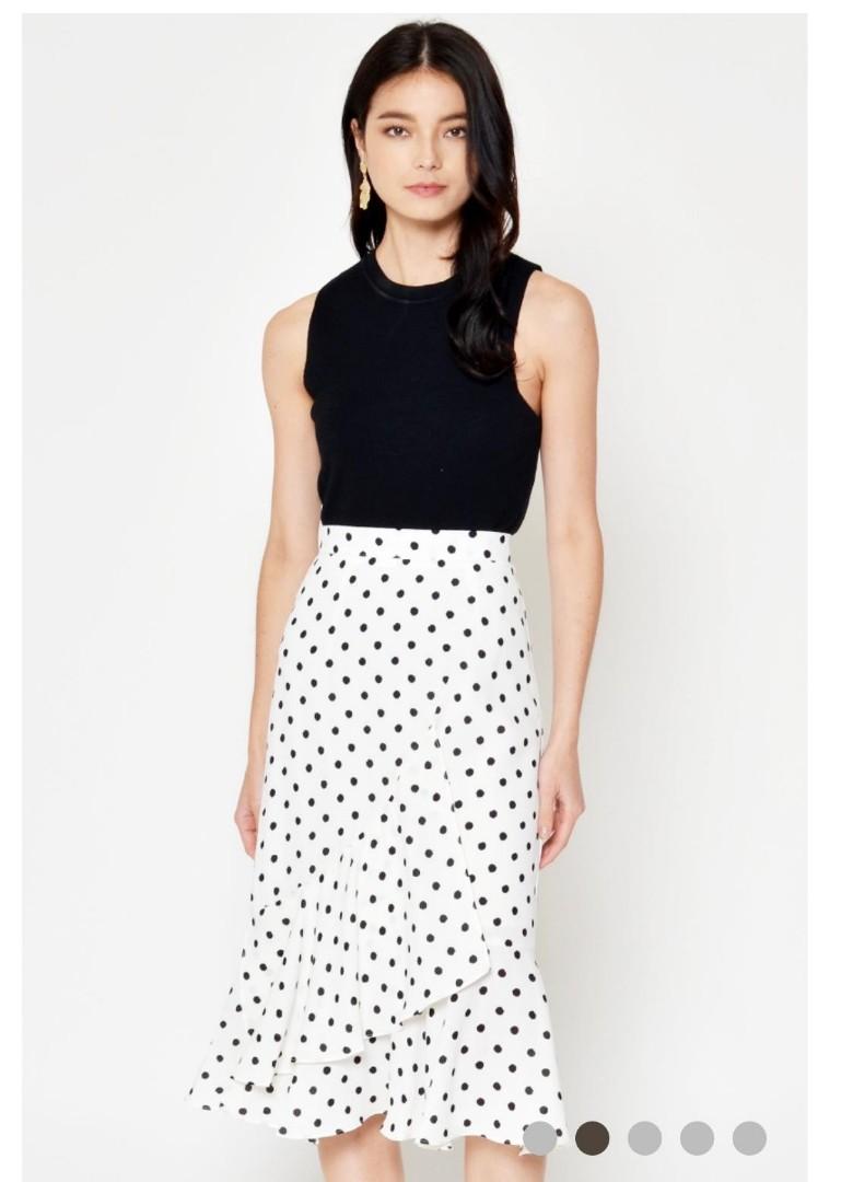 MARION POLKA DOT RUFFLE MIDI SKIRT (WHITE), Women's Fashion, Bottoms, Skirts  on Carousell