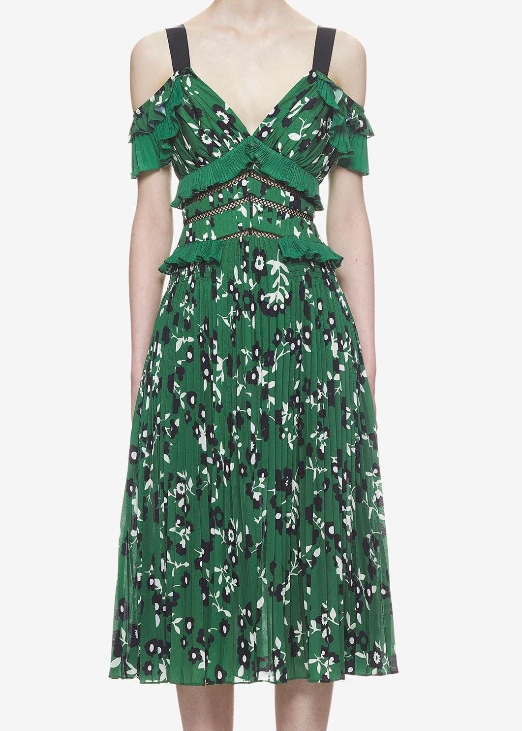 Self Portrait Authentic Cold Shoulder Floral Printed Dress Green