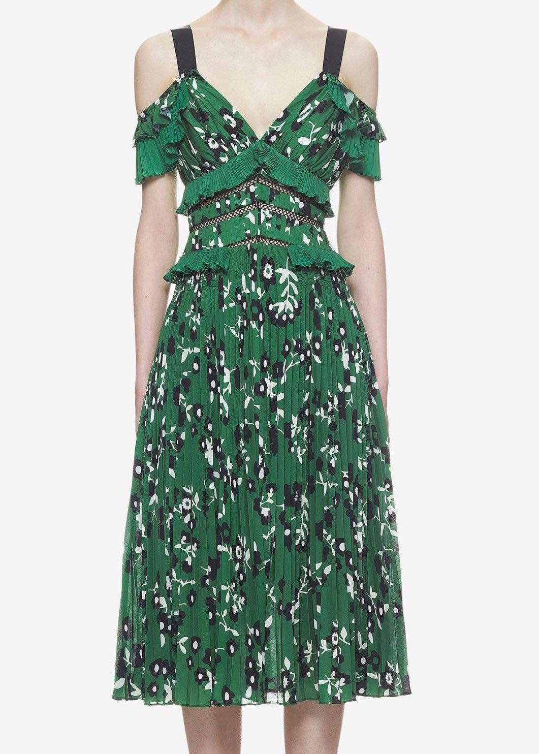 Self Portrait Authentic Cold Shoulder Floral Printed Dress Green