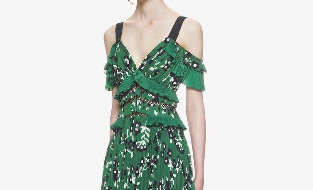 Self portrait cold shoulder floral printed dress in green discount