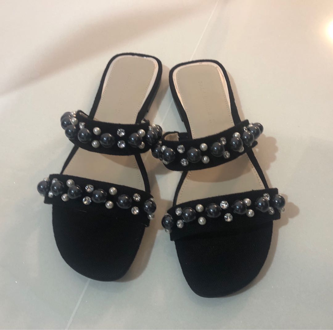 Zara Black Pearl Flat Sandals Womens Fashion Footwear Sandals On