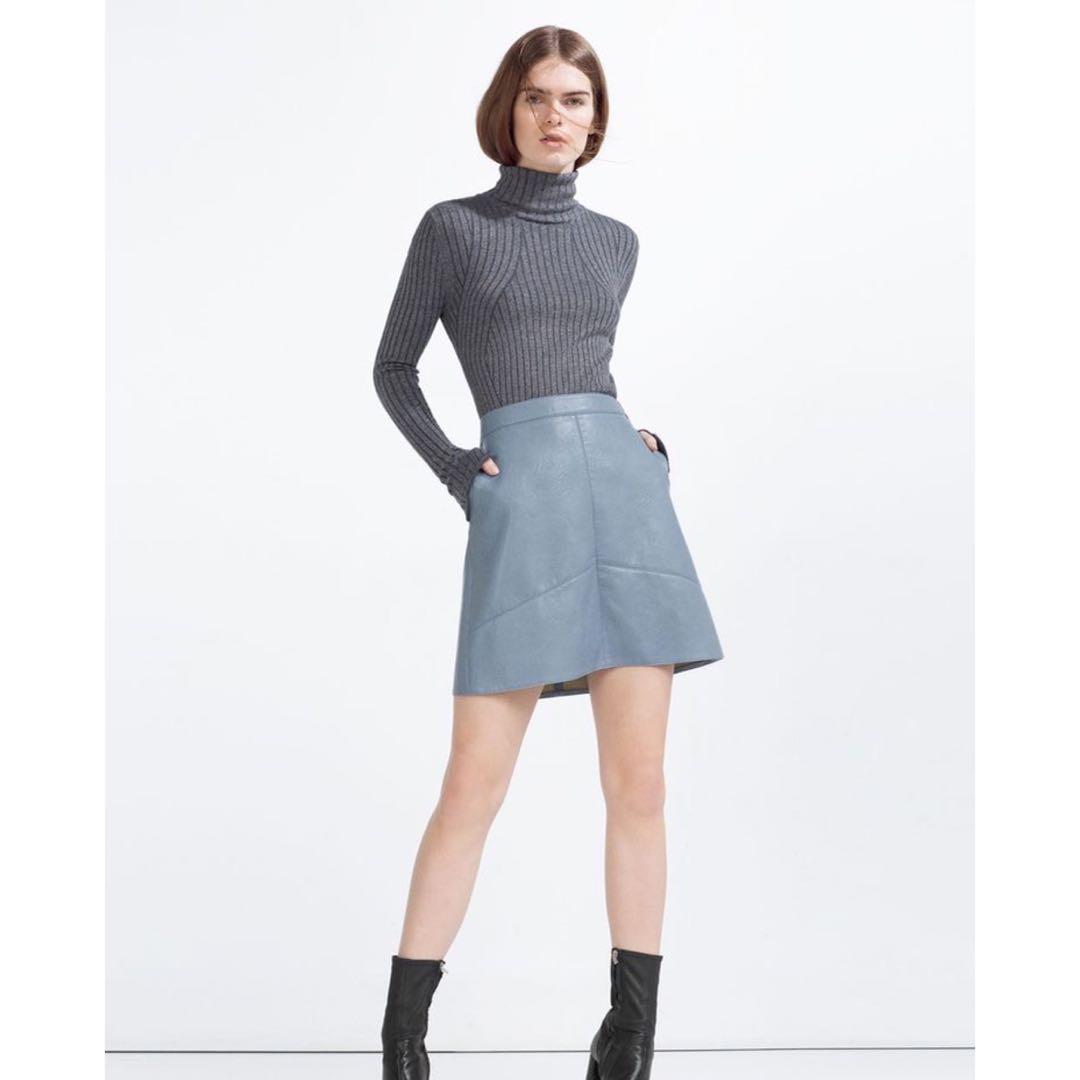 blue leather skirt zara