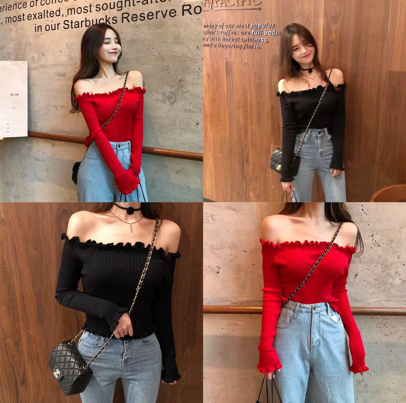 red off shoulder top outfit