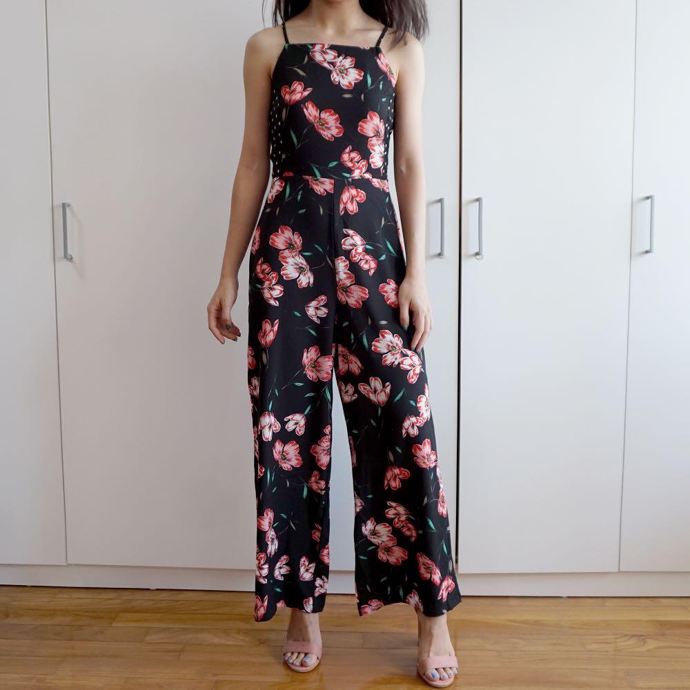 Floral Tie Back Jumpsuit (Black/Pink