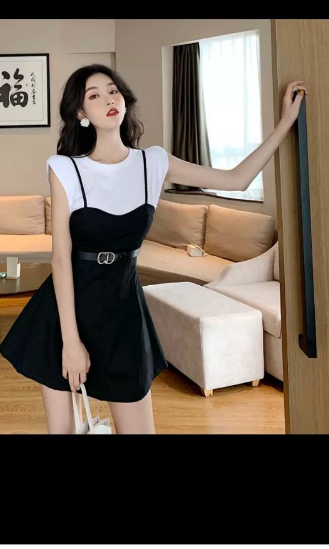 black strap dress with white t shirt