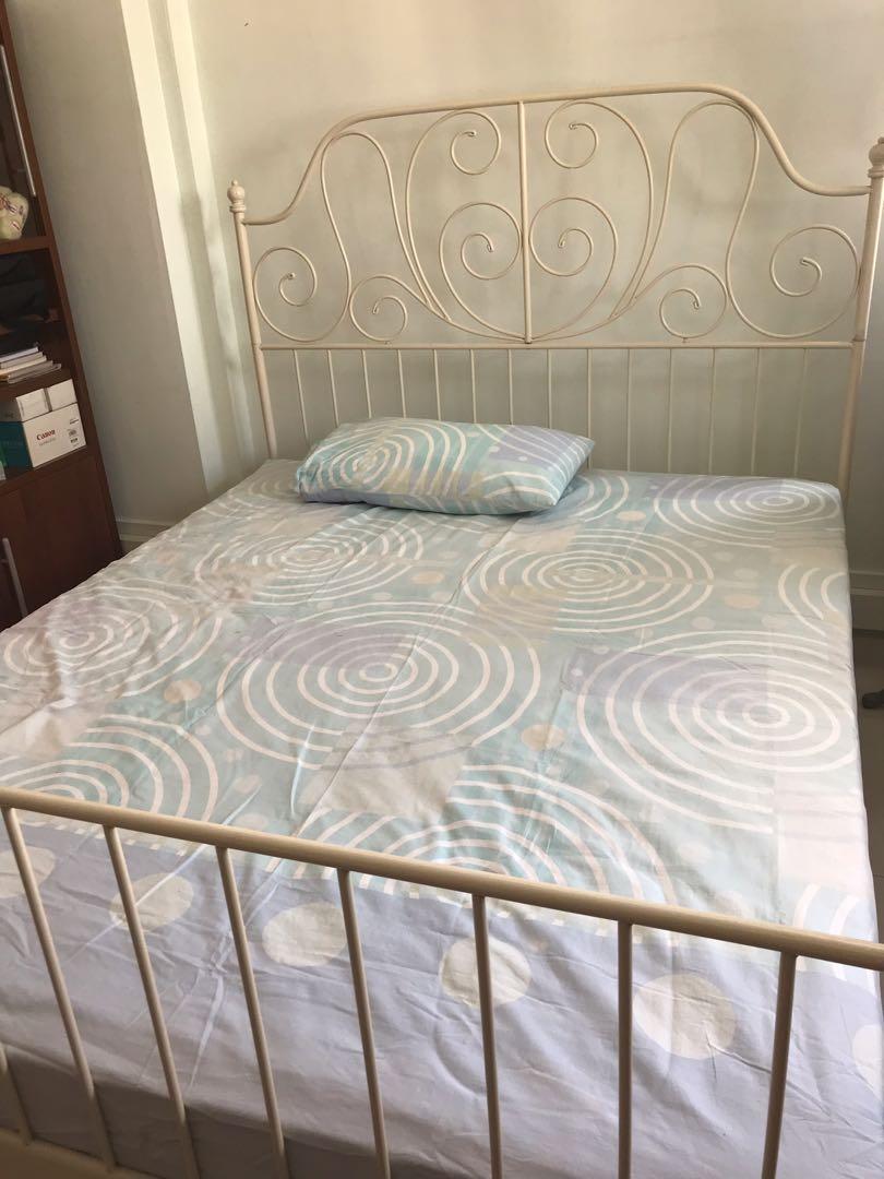 IKEA Queen size white steel bed frame, Furniture & Home Living