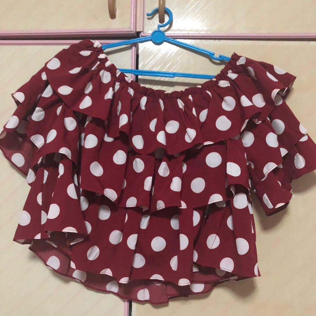red polka dot off the shoulder top