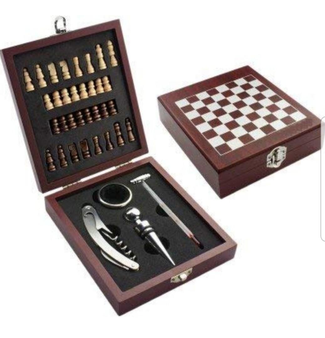 Wooden Chess Game Gift Set 8 oz Stainless Steel Flask 2 Shot & Wine Opener 