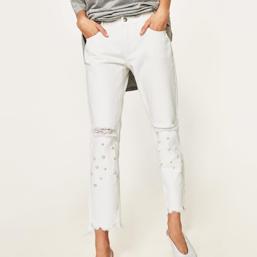 ZARA White Ripped Jeans with Faux 