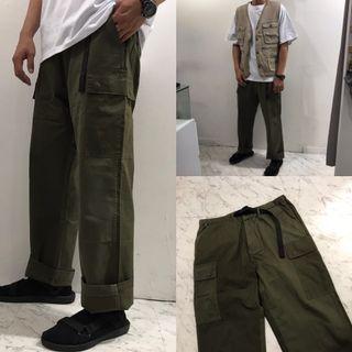 Otoshi 日系 大地 軍綠 闊腿 拼接 長褲 褲子