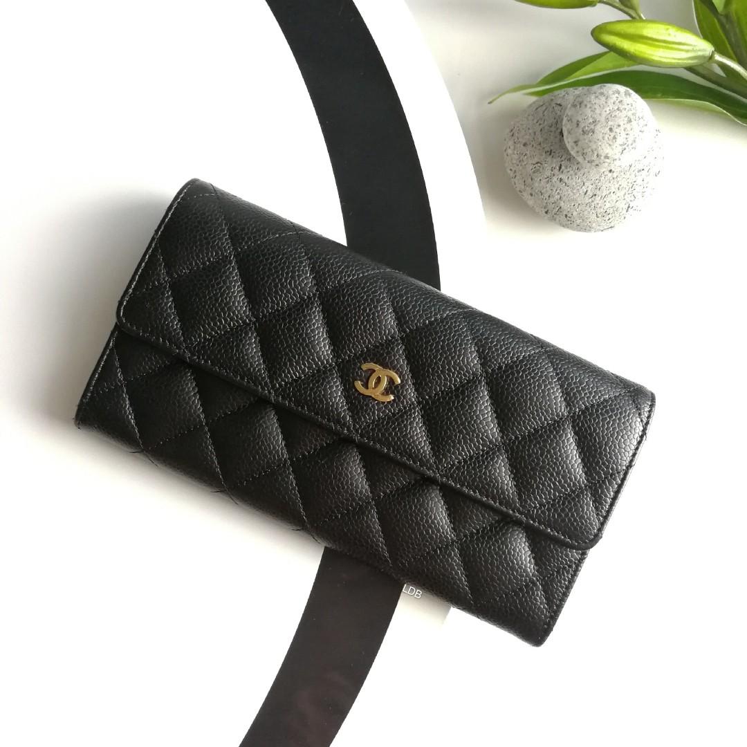 Authentic Chanel Sarah Wallet Black Caviar Gold Hardware, Luxury