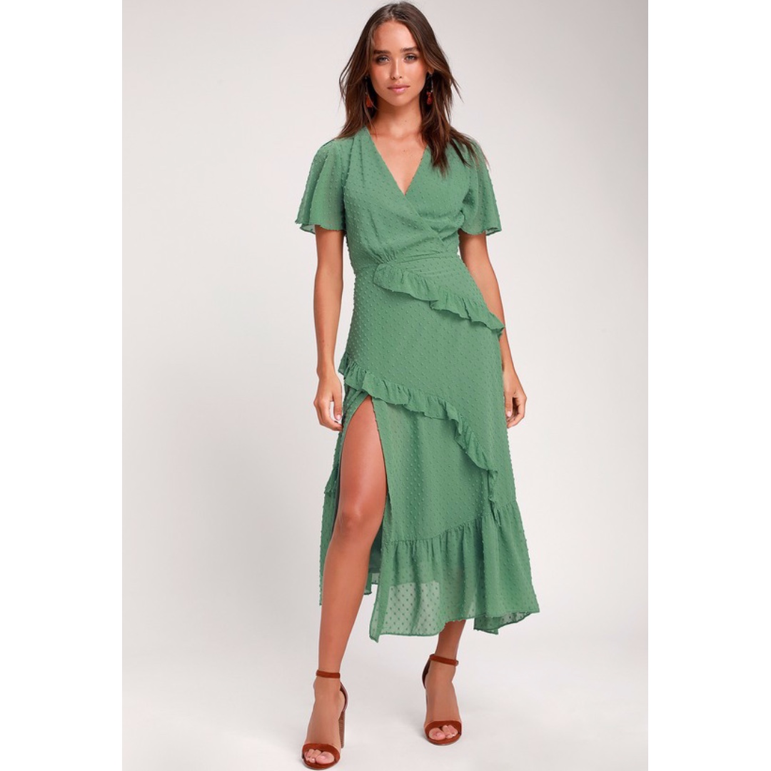 NEXT TO YOU SAGE GREEN SWISS DOT RUFFLED MIDI DRESS XS Women s