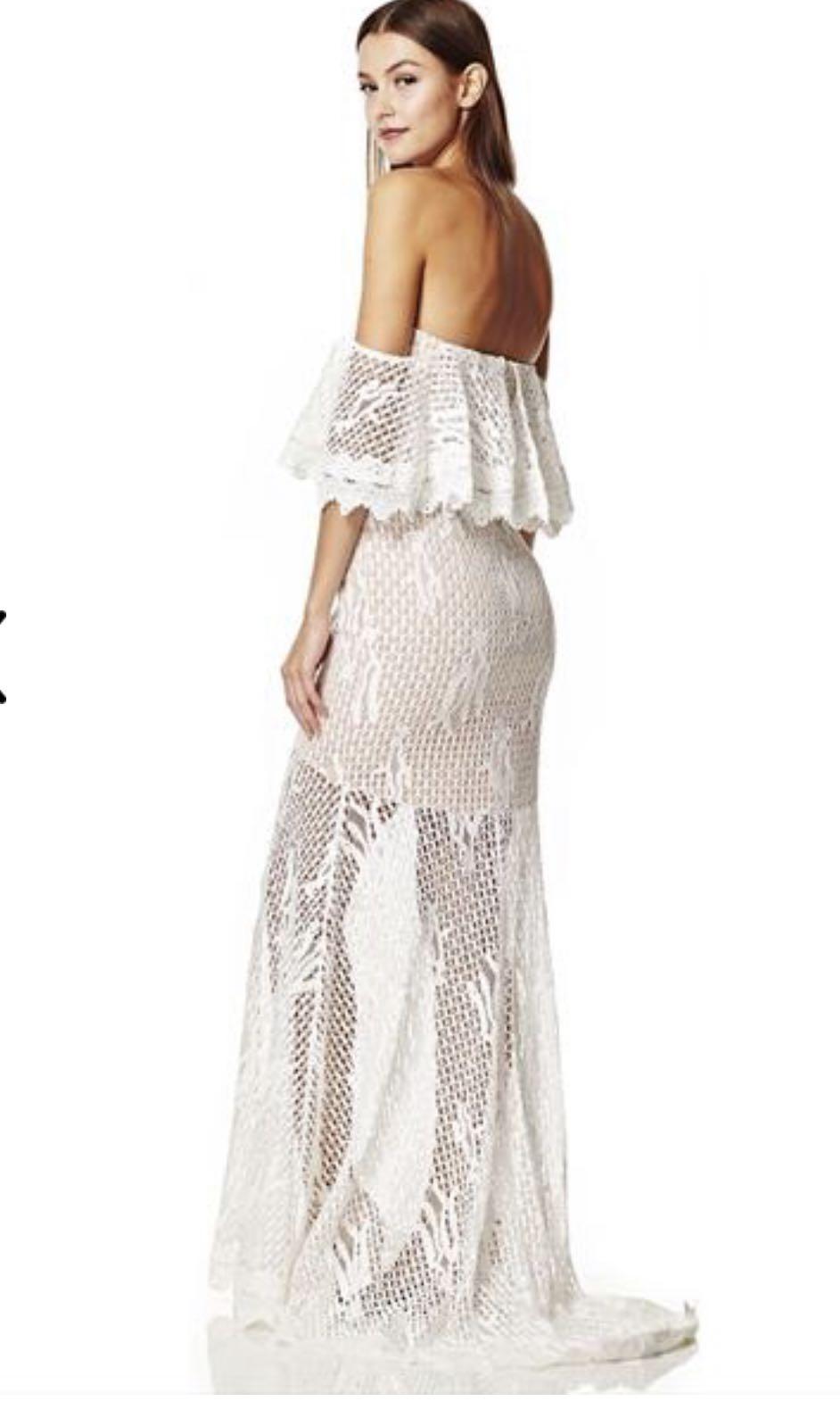 off the shoulder lace fishtail wedding dress