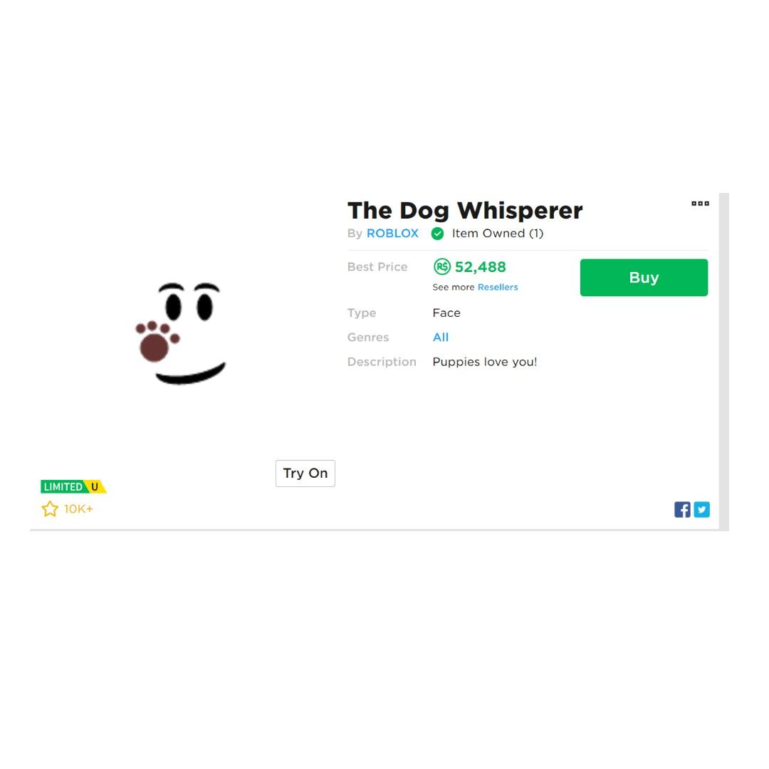 Dog Whisperer From Roblox Toys Games Video Gaming In Game Products On Carousell - dog face roblox