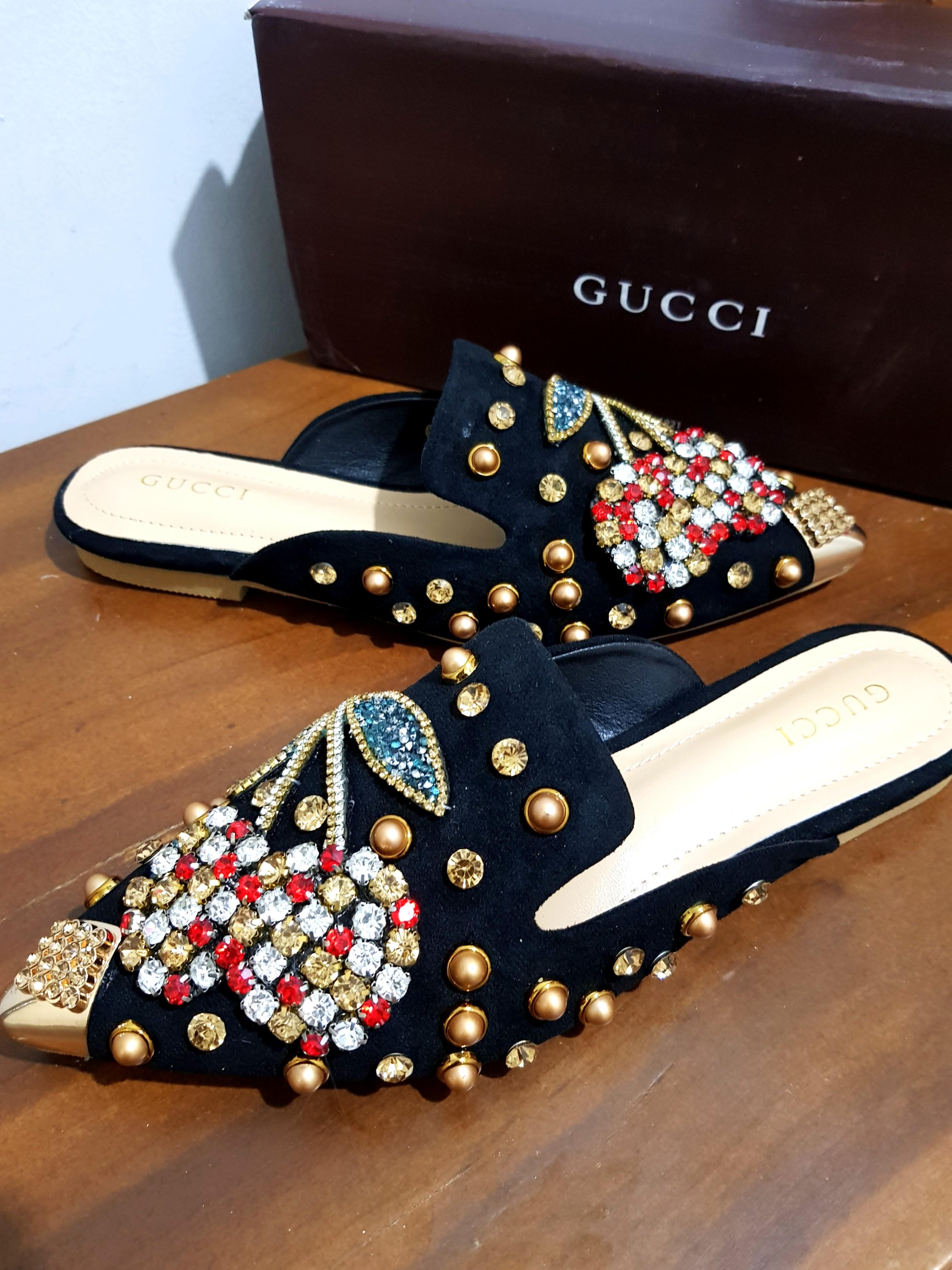GUCCI Luxury Embroidery Suede Loafers Selop Sandal Shoes