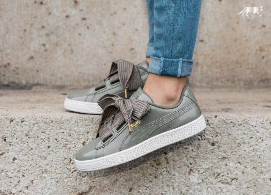 puma basket heart grey patent