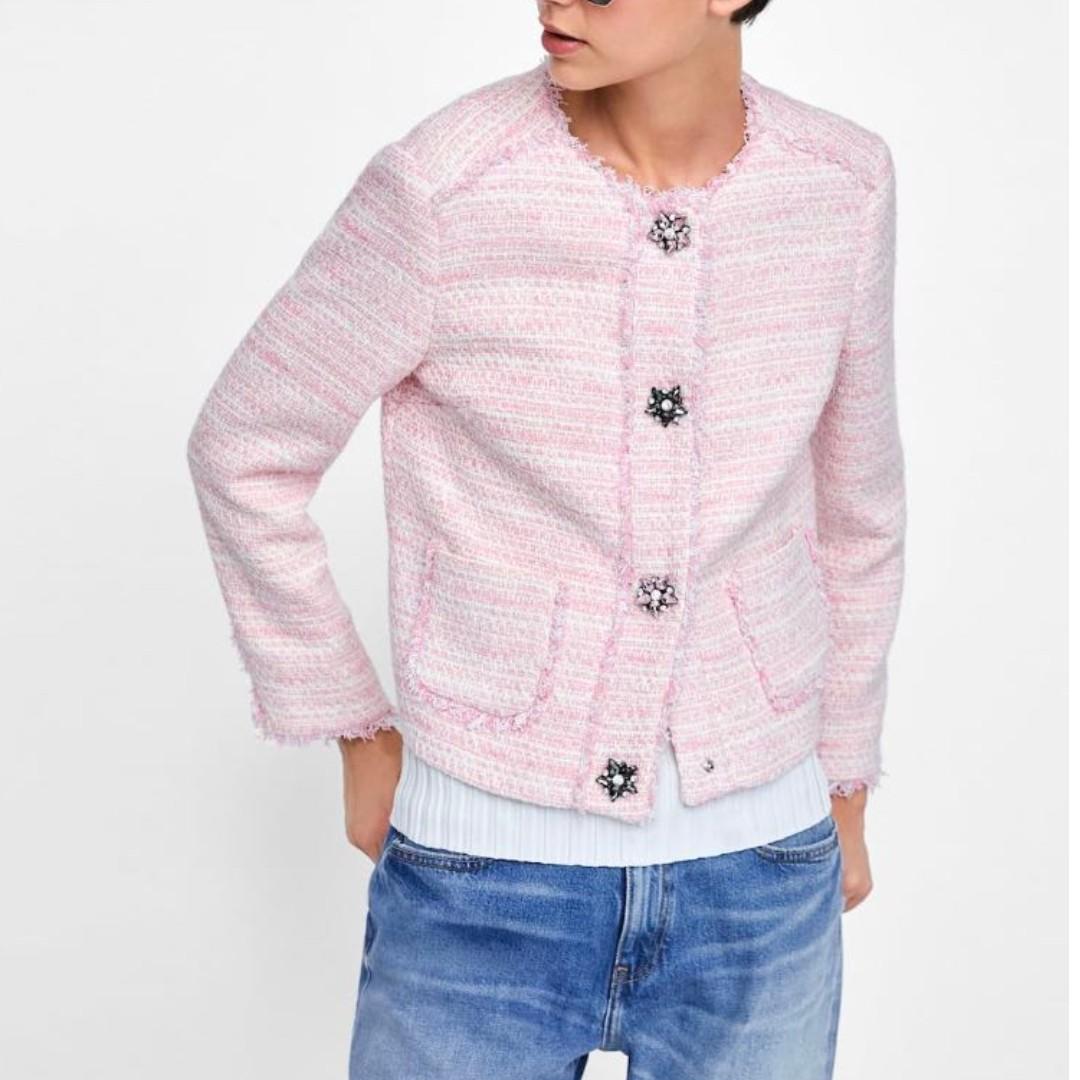 Zara pink tweed jacket with gem button 