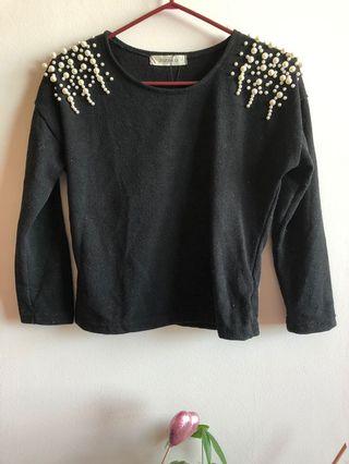Black Sweater with Pearl Detailing