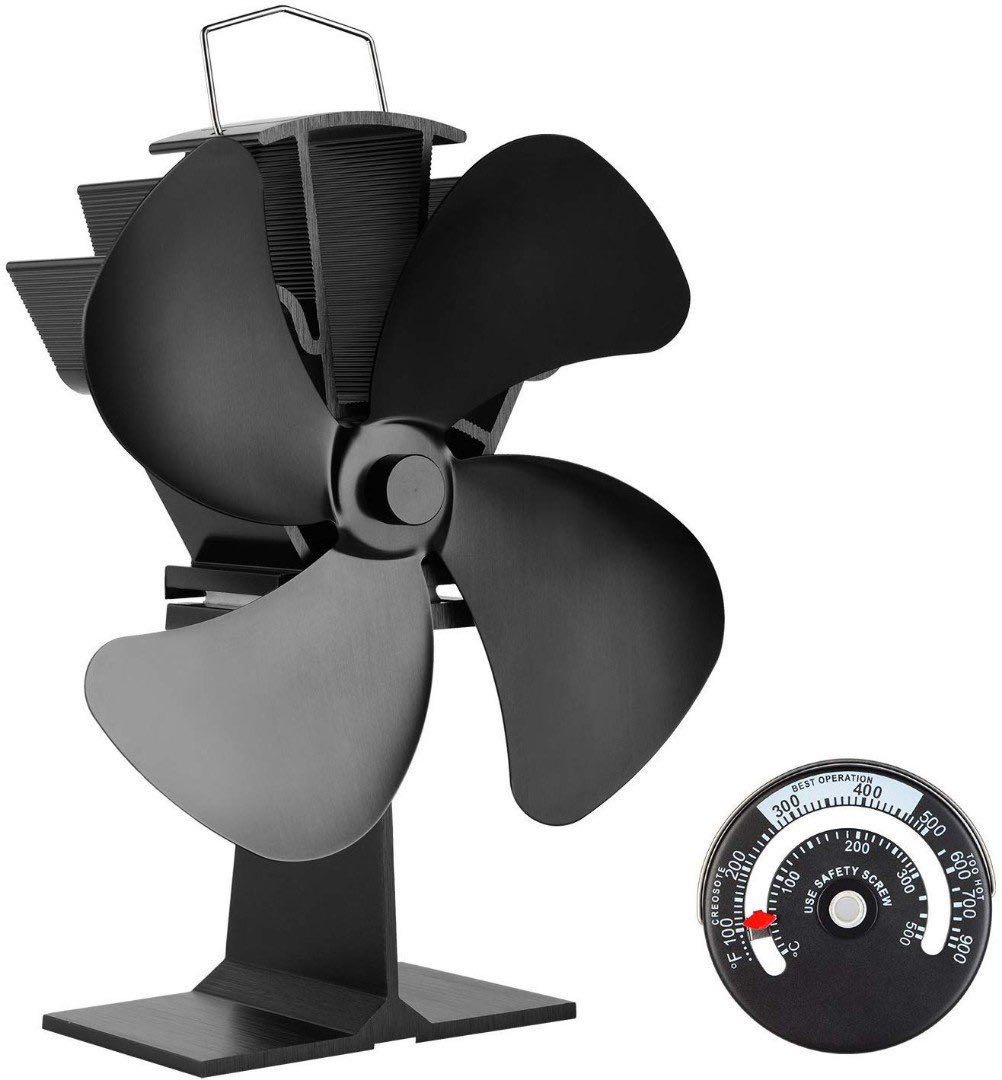6 Kinden Fireplace Fans 4 Blade Heat Powered Stove Fan For Wood Log Burner Ultra Quiet Increases 80 More Warm Air Than 2 Blade Eco Friendly With Stove Thermometer Aluminium Black Large Size Electronics